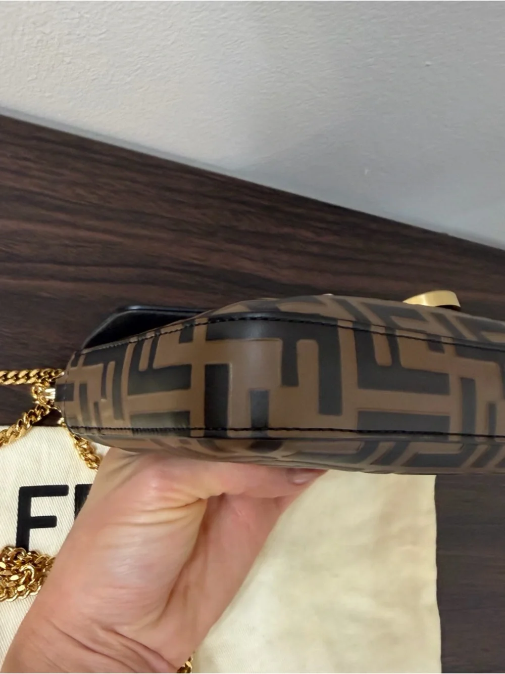 Fendi FF Zucca Wallet on Chain Brown Bicolor Gold Chain WOC 8BS032 - Picture 11 of 14
